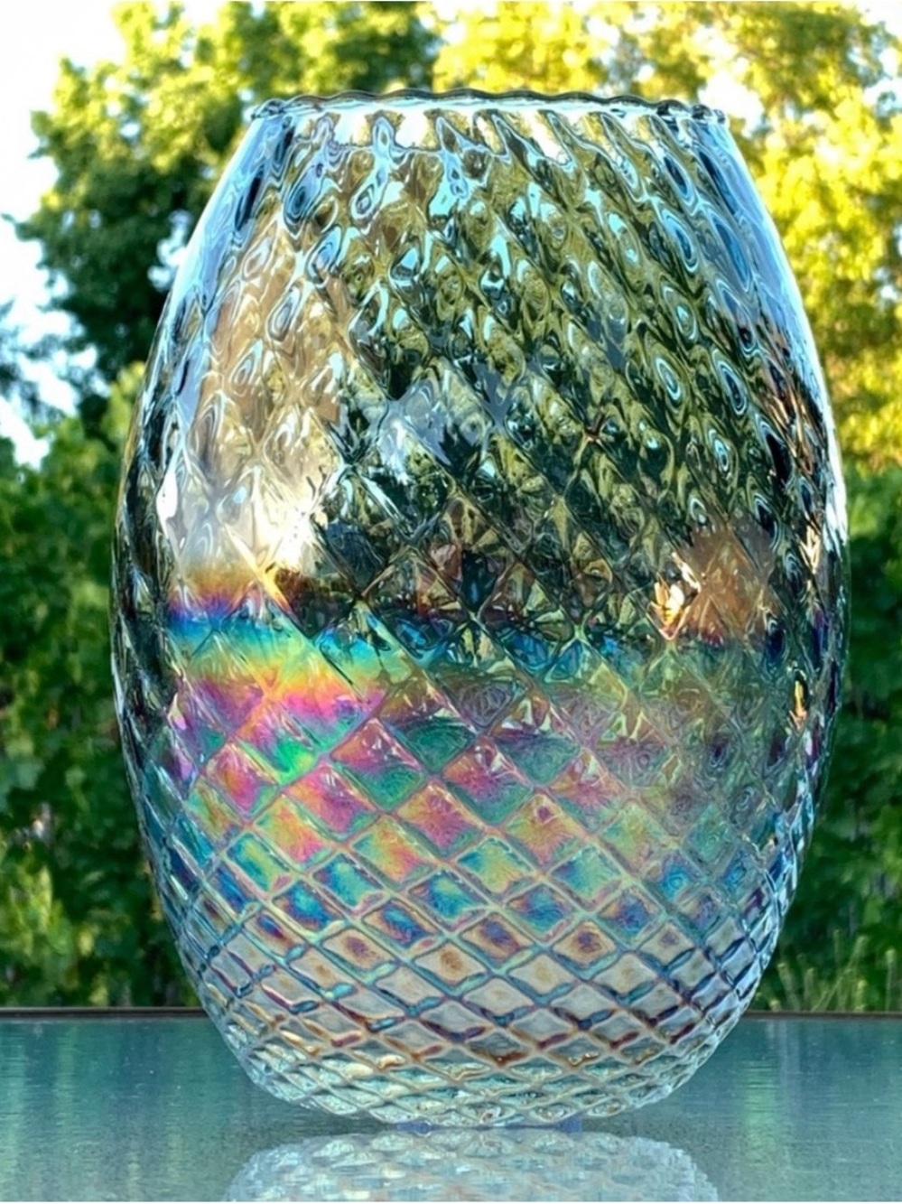 Spanish Iridescent Embossed Diamond Pattern Recycled Glass Large Table Vase - Picture 4 of 9